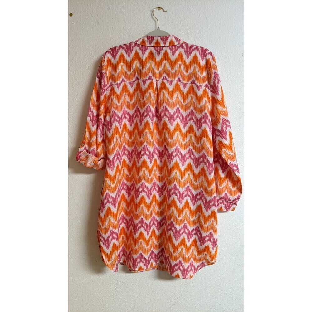 CHICO'S 100% Linen Multi-Colored Shirt Dress Swim Cover Roll-Tab Sleeves 3/16 - Picture 7 of 10